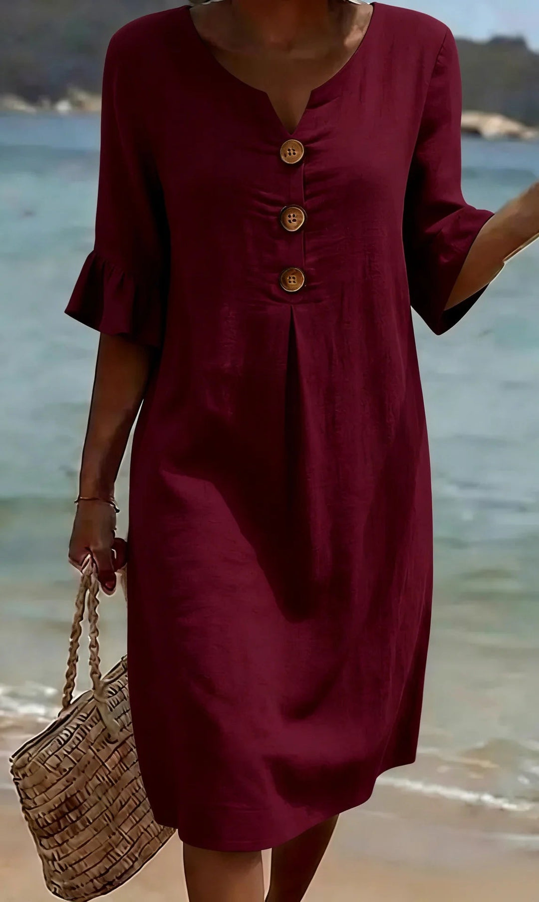 Vanesa™ | Linen-textured dress with puff sleeves and buttons 7