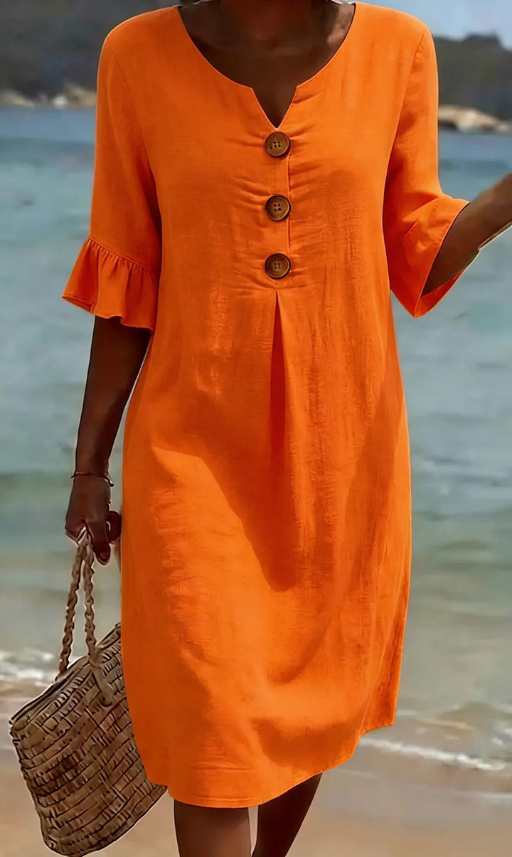 Vanesa™ | Linen-textured dress with puff sleeves and buttons 8