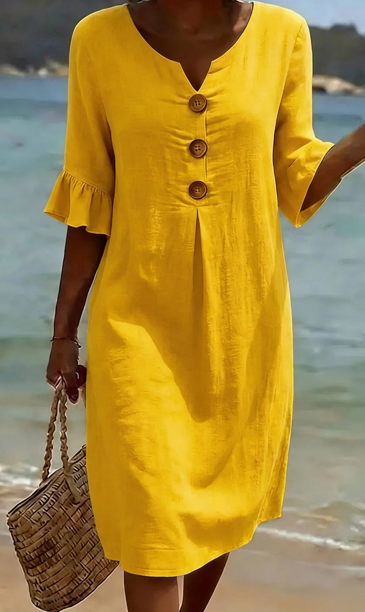 Vanesa™ | Linen-textured dress with puff sleeves and buttons 9