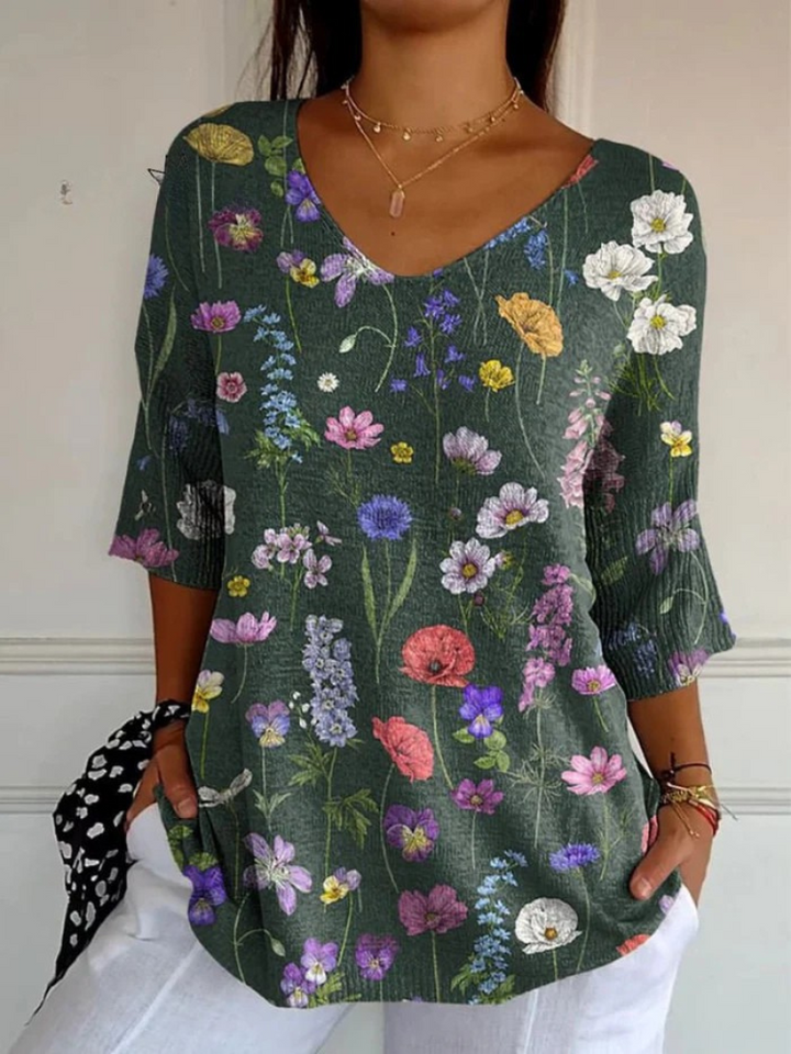 Vibrant Spring Botanical Garden Pattern Printed Women's Casual Pullover Knit 0