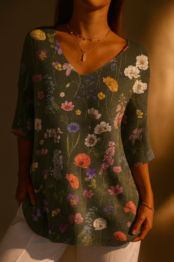 Vibrant Spring Botanical Garden Pattern Printed Women's Casual Pullover Knit 1