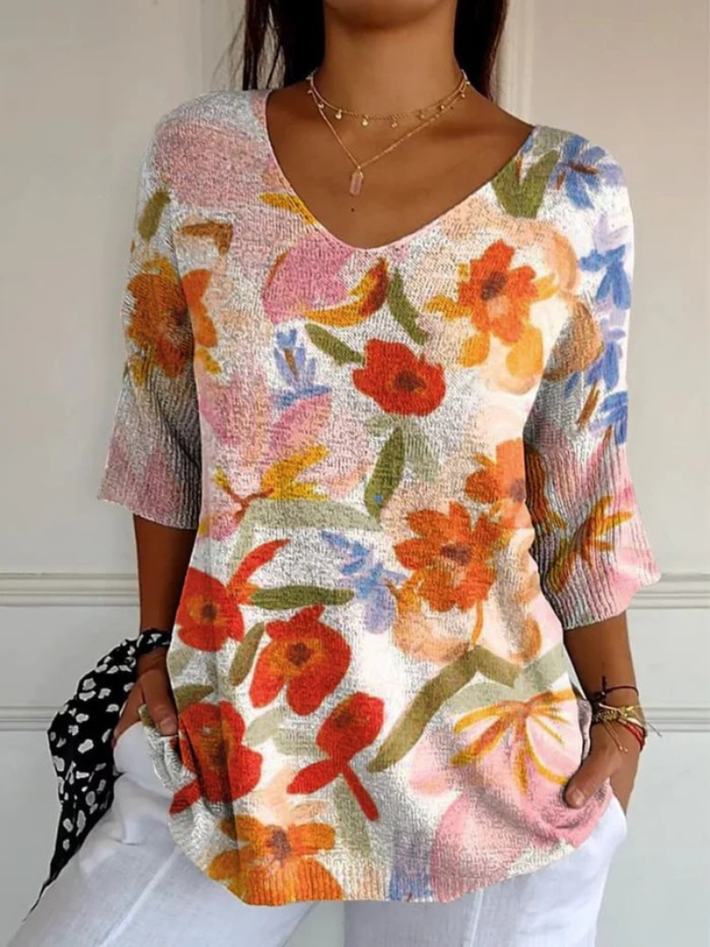 Women's Vintage Art Floral Casual Pullover Knit 0