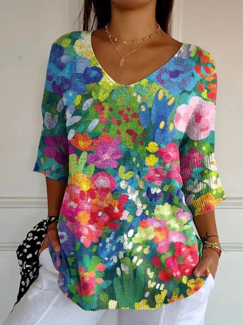 Women's Vintage Lovely Floral Art Print Casual Pullover Knit 0