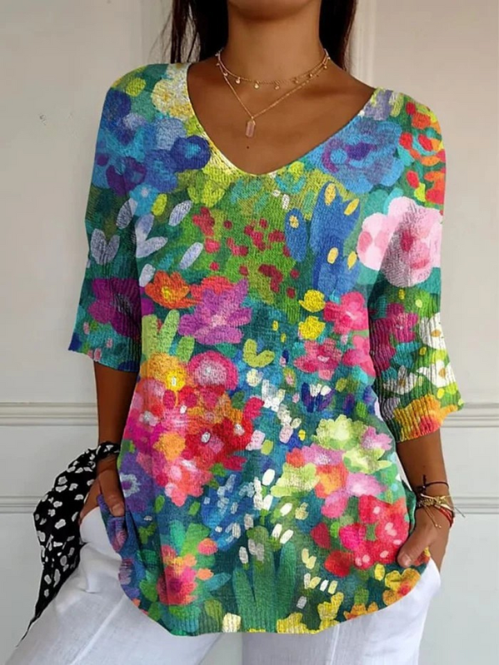 Women's Vintage Lovely Floral Art Print Casual Pullover Knit 0