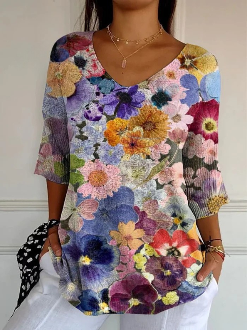 Women's Vintage Lovely Floral Art Print Casual Pullover Knit 0