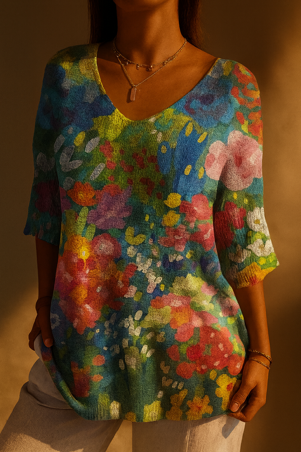 Women's Vintage Lovely Floral Art Print Casual Pullover Knit 1