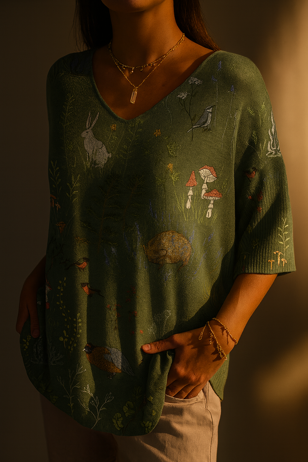 Woodland And Animals Repeat Pattern Printed Women's Casual Pullover Knit 1